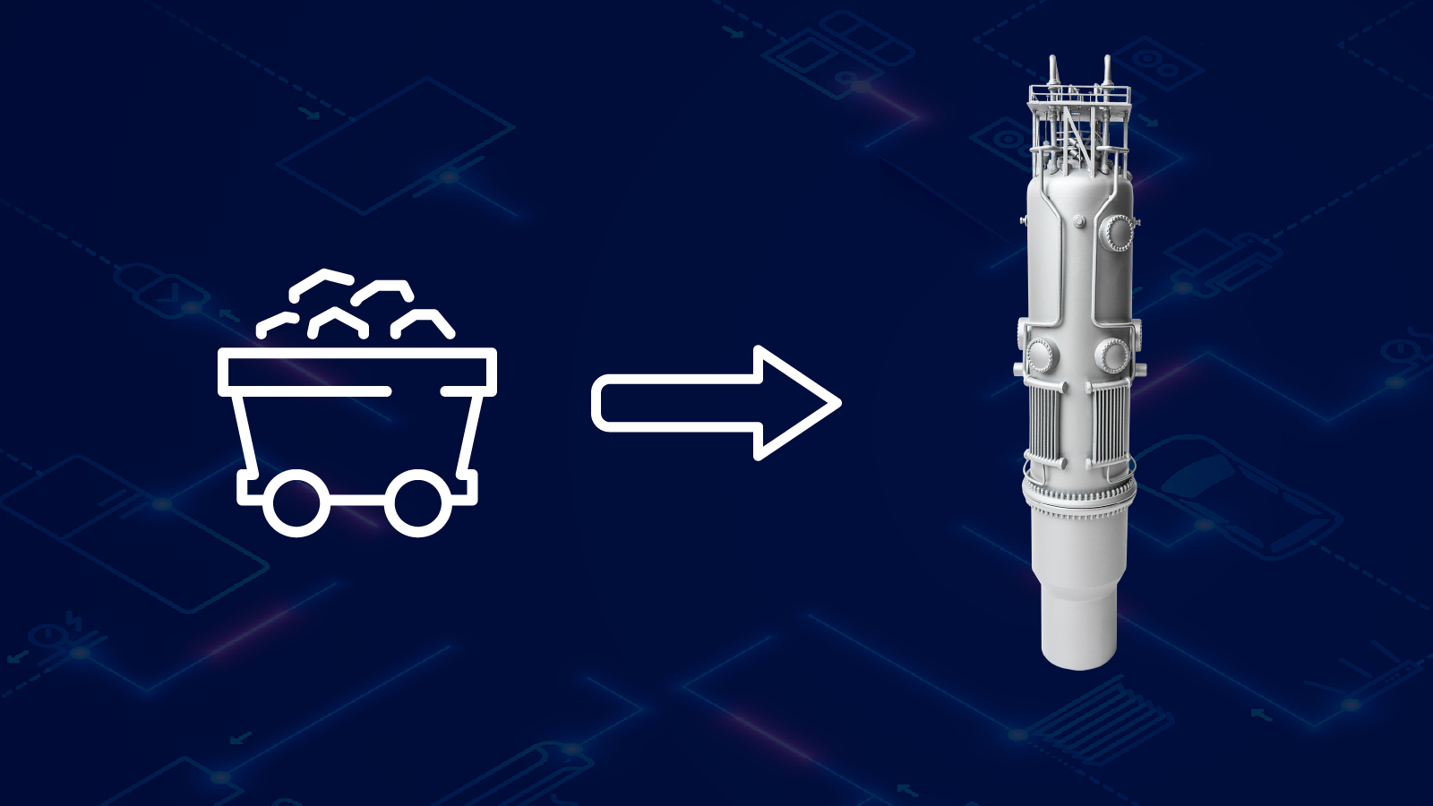 Icon of a cart full of coal with an arrow pointing to a rendering of a NuScale Power Module. 