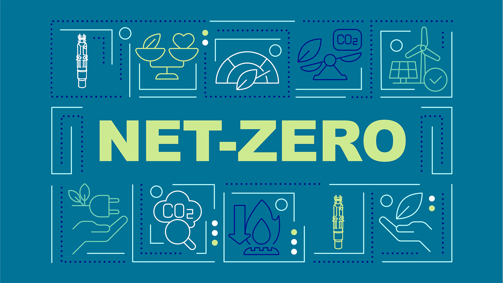 “Net Zero” surrounded by icons of the NuScale Power Module and renewables. 